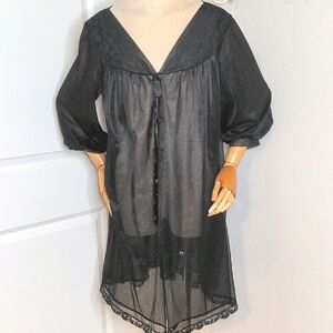Vintage 50s Sears Black Babydoll Lace Sheer Pegnoir Sheer Robe Sz M 36